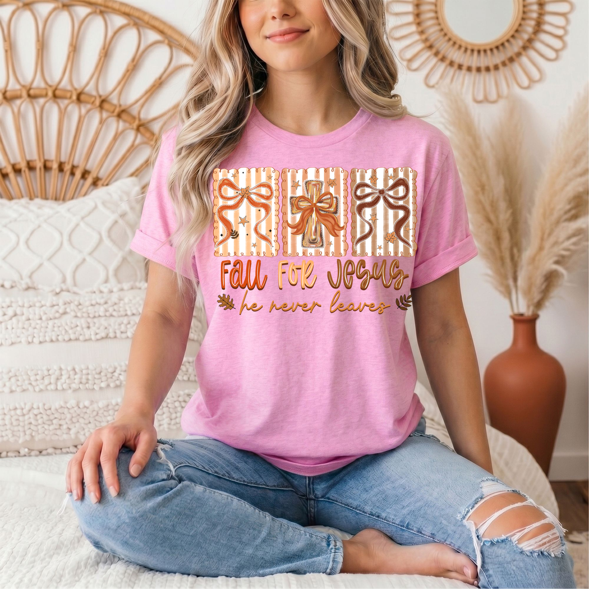 Fall for Jesus He Never Leaves Christian Graphic Tee