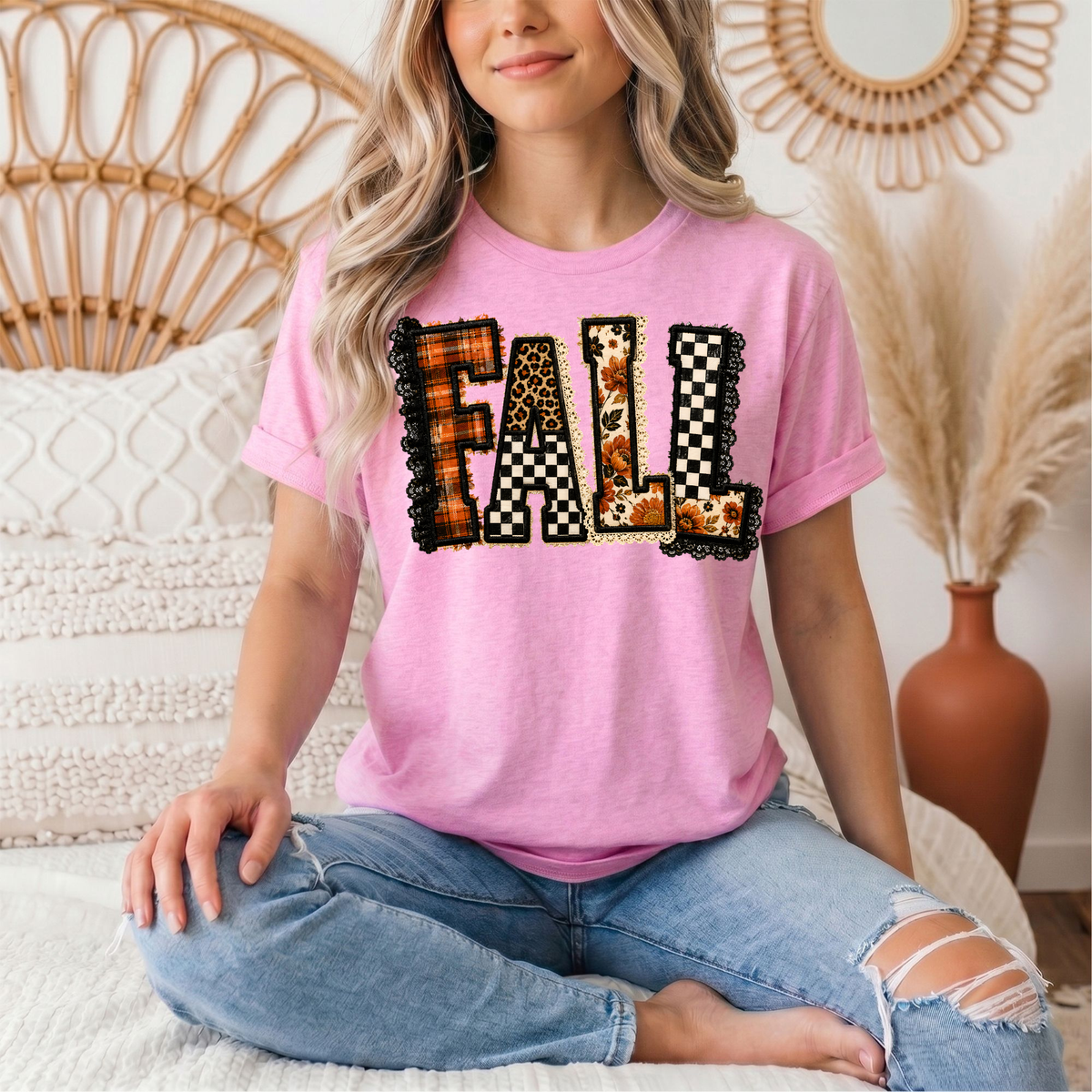 Fall Plaid Leopard & Floral Patchwork Graphic Tee
