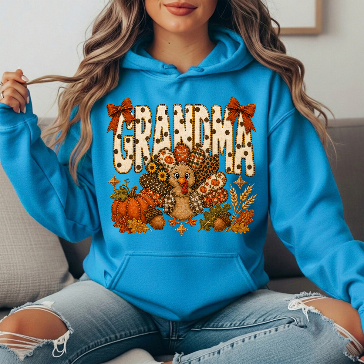 Grandma Thanksgiving Patchwork Turkey Bow Graphic Hoodie