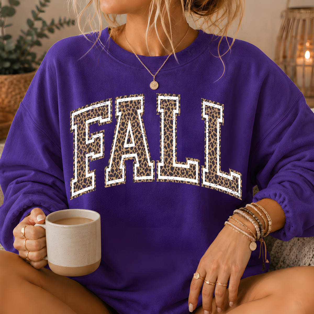 Fall Leopard Print Varsity Crewneck Sweatshirt