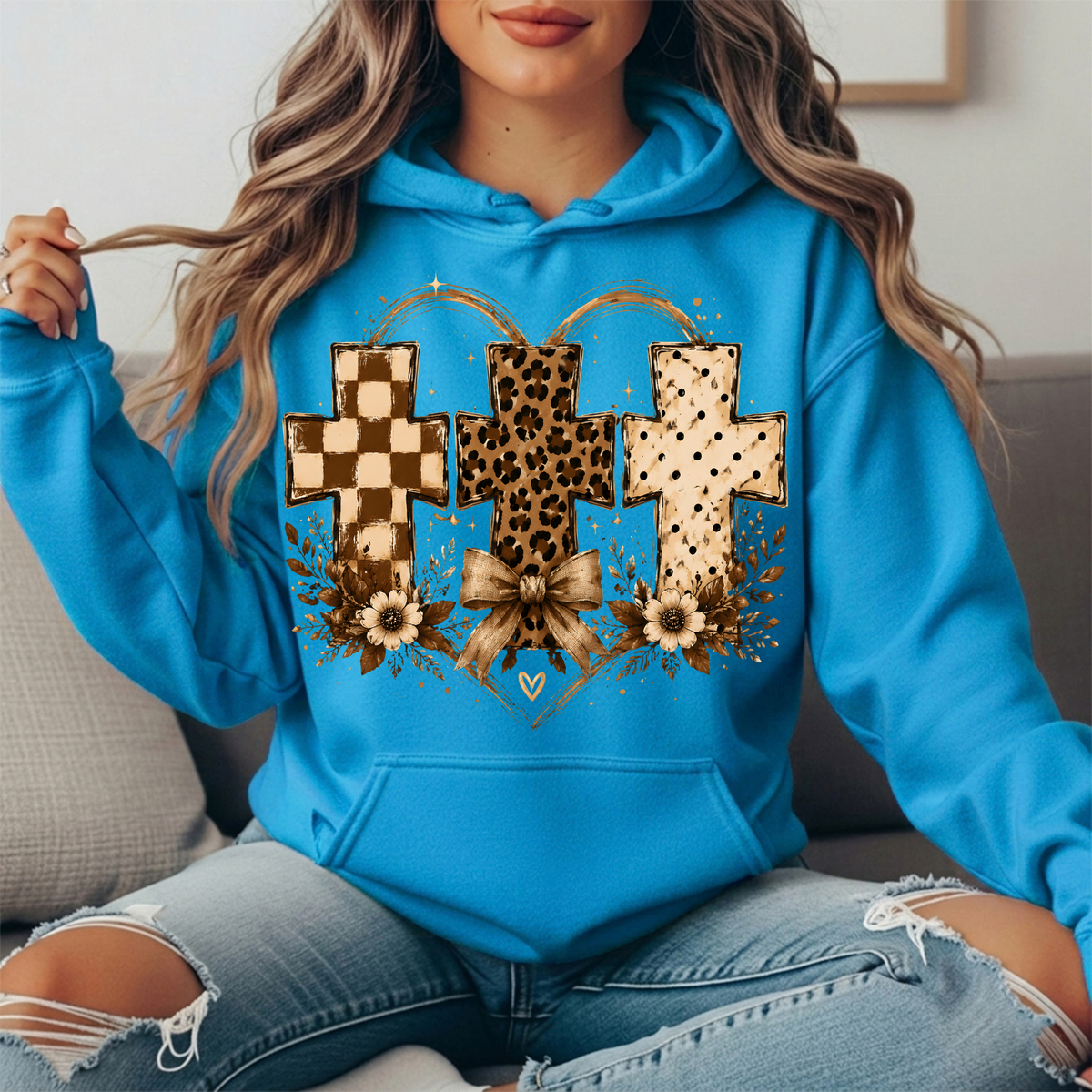 Three Crosses Leopard Floral Bow Graphic Hoodie