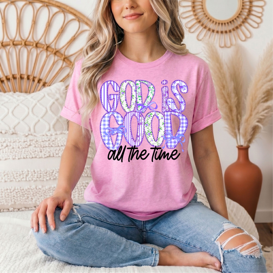 God Is Good All the Time Purple Bow Graphic Tee