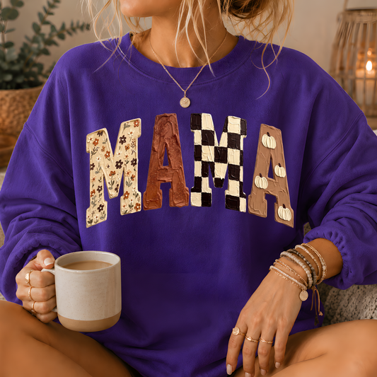 Mama Fall Patchwork Print Crewneck Sweatshirt