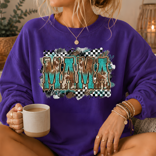 Mama Turquoise Cow Print Western Crewneck Sweatshirt