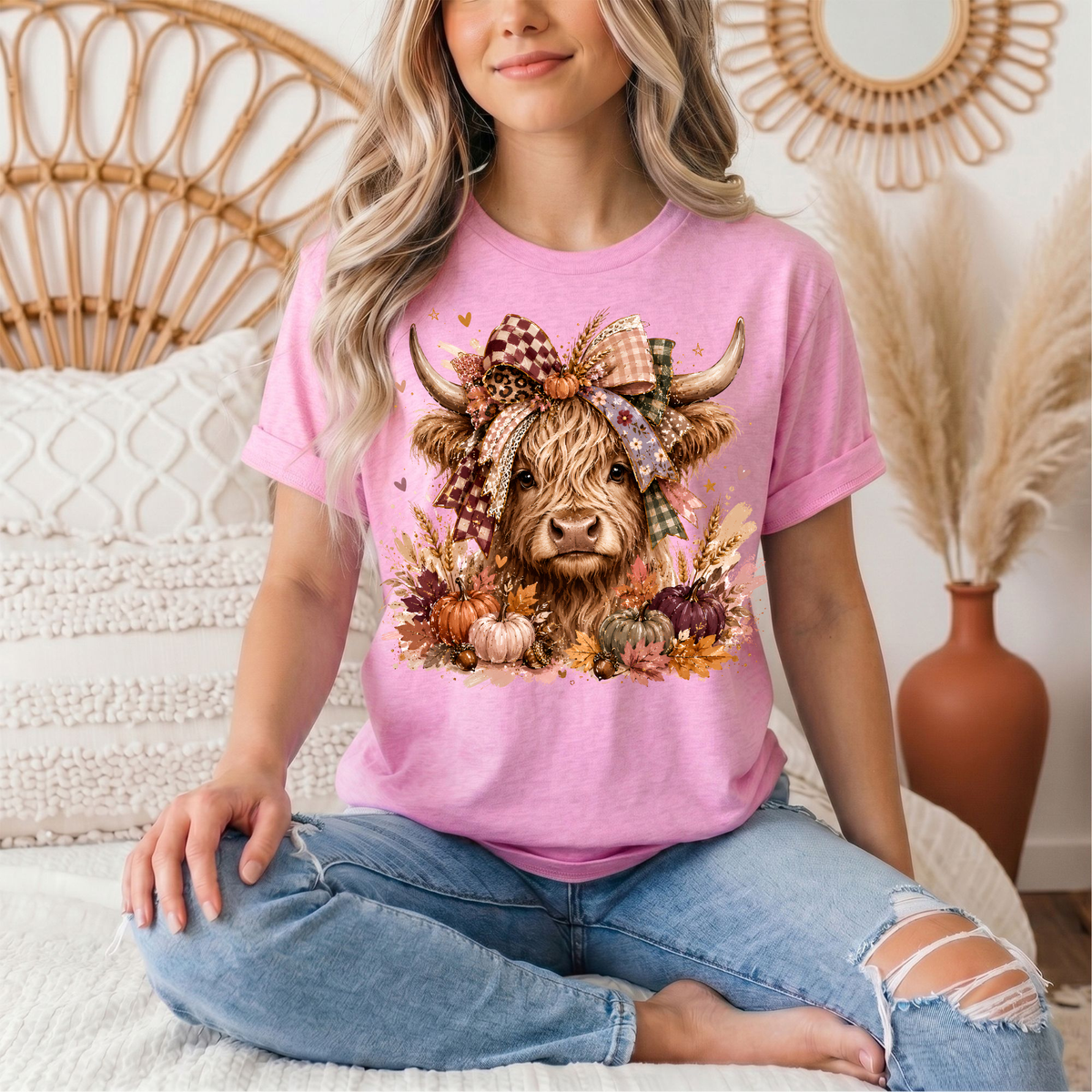 Fall Highland Cow Bow & Pumpkins Graphic Tee