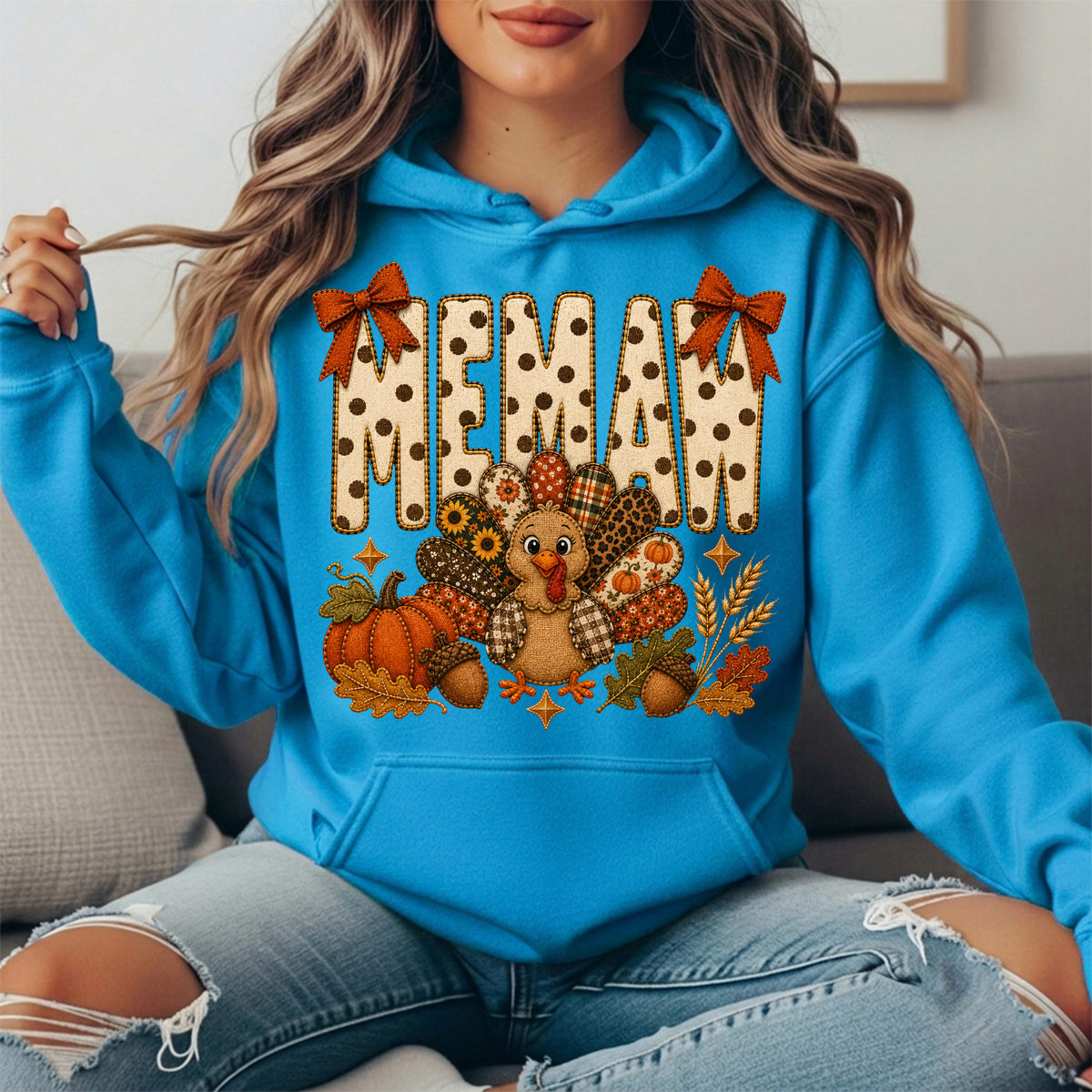 Memaw Thanksgiving Turkey & Rust Bows Graphic Hoodie