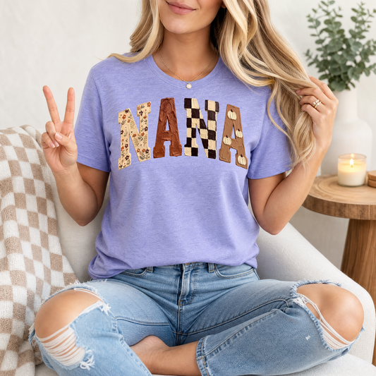 Fall Nana Floral, Checkerboard & Pumpkin Graphic Tee