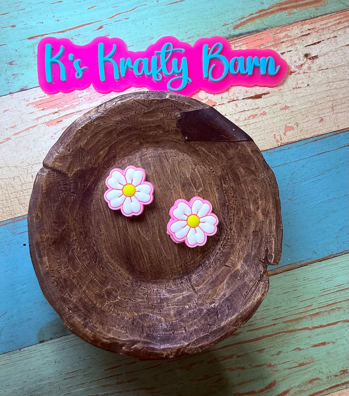 Wholesale Silicone Focal Bead- Pink & White Hibiscus Flower