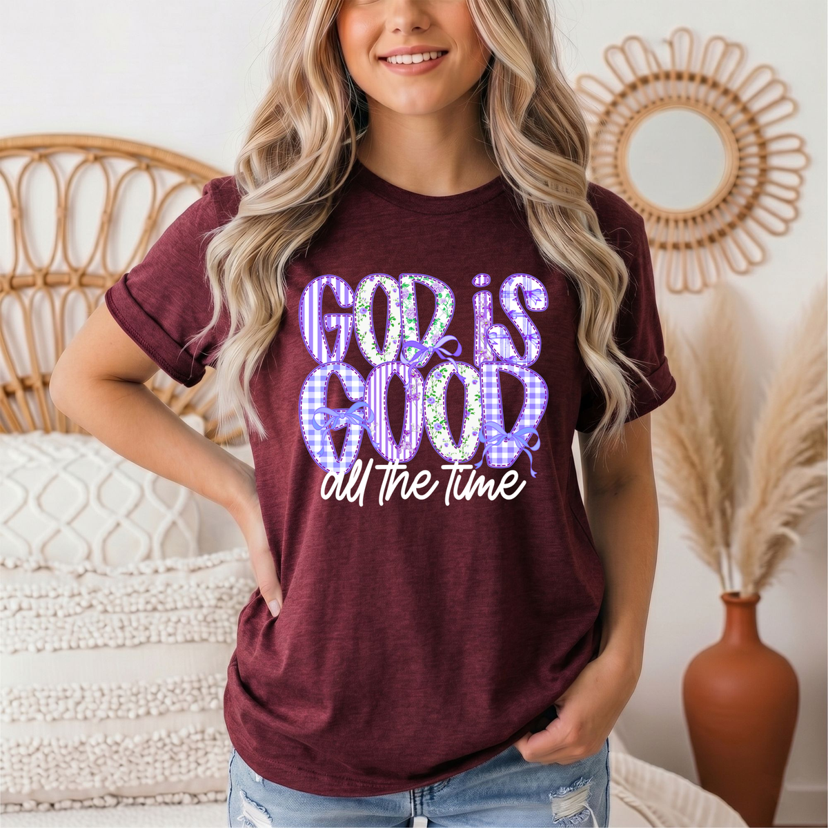 God Is Good All the Time Purple Bow Graphic Tee