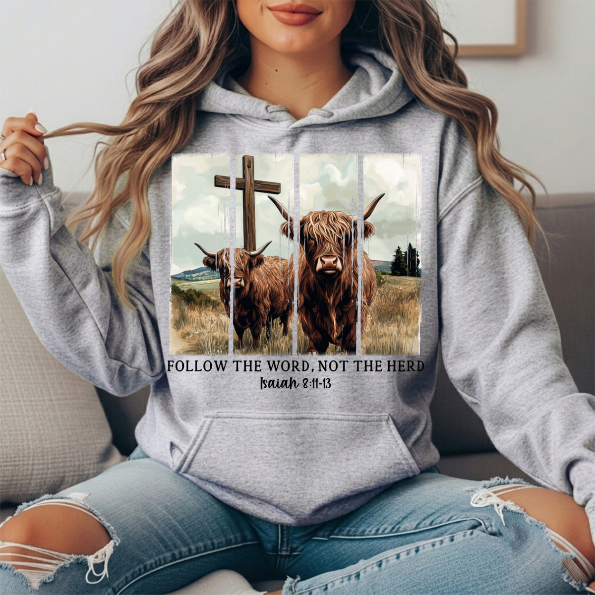 Follow the Word Not the Herd Highland Cow Graphic Hoodie