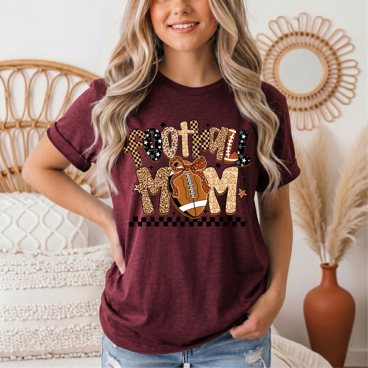 Football Mom Mixed Print Bow & Checkerboard Graphic Tee