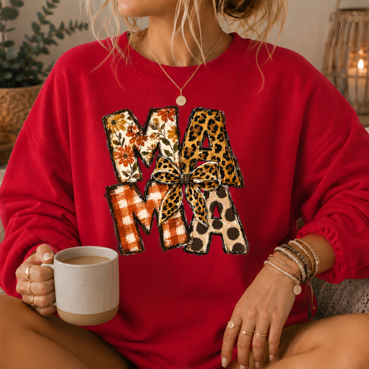Mama Mixed Print Bow Crewneck Sweatshirt
