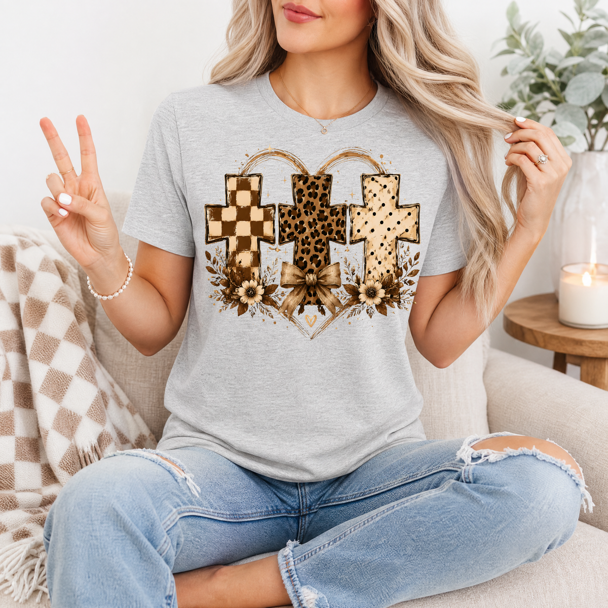 Christian Cross Trio Floral & Bow Graphic Tee
