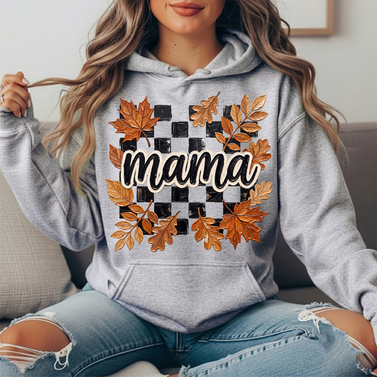 Mama Fall Leaves Checkerboard Graphic Hoodie