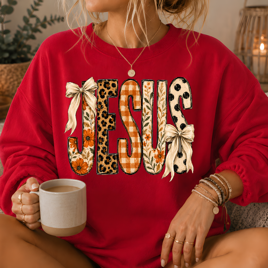 Jesus Mixed Print Bow Crewneck Sweatshirt
