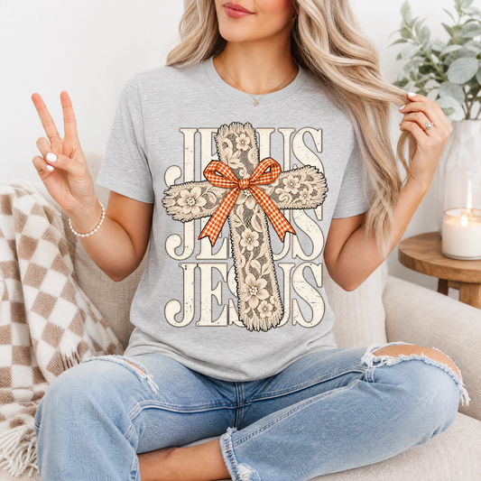 Jesus Lace Cross & Gingham Bow Christian Graphic Tee