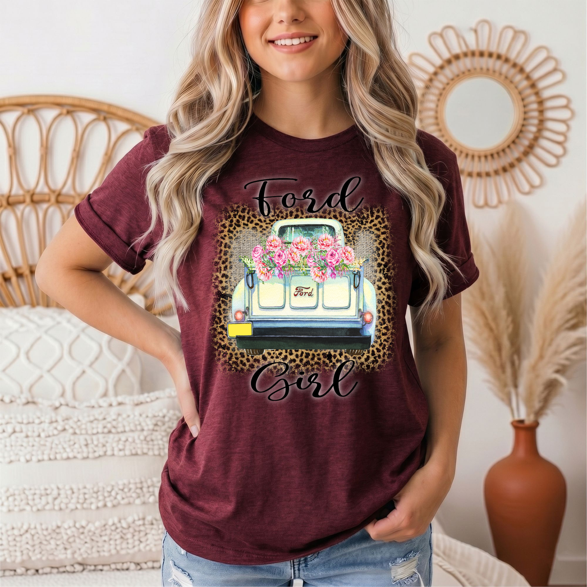 Ford Girl Floral Vintage Truck & Leopard Graphic Tee