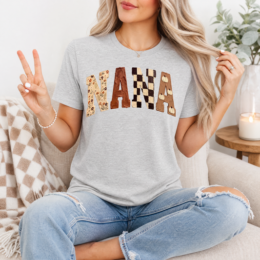 Fall Nana Floral, Checkerboard & Pumpkin Graphic Tee