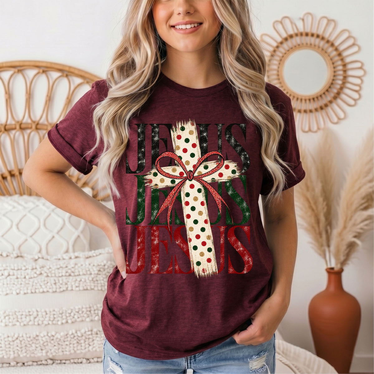 Jesus Christmas Cross & Bow Graphic Tee