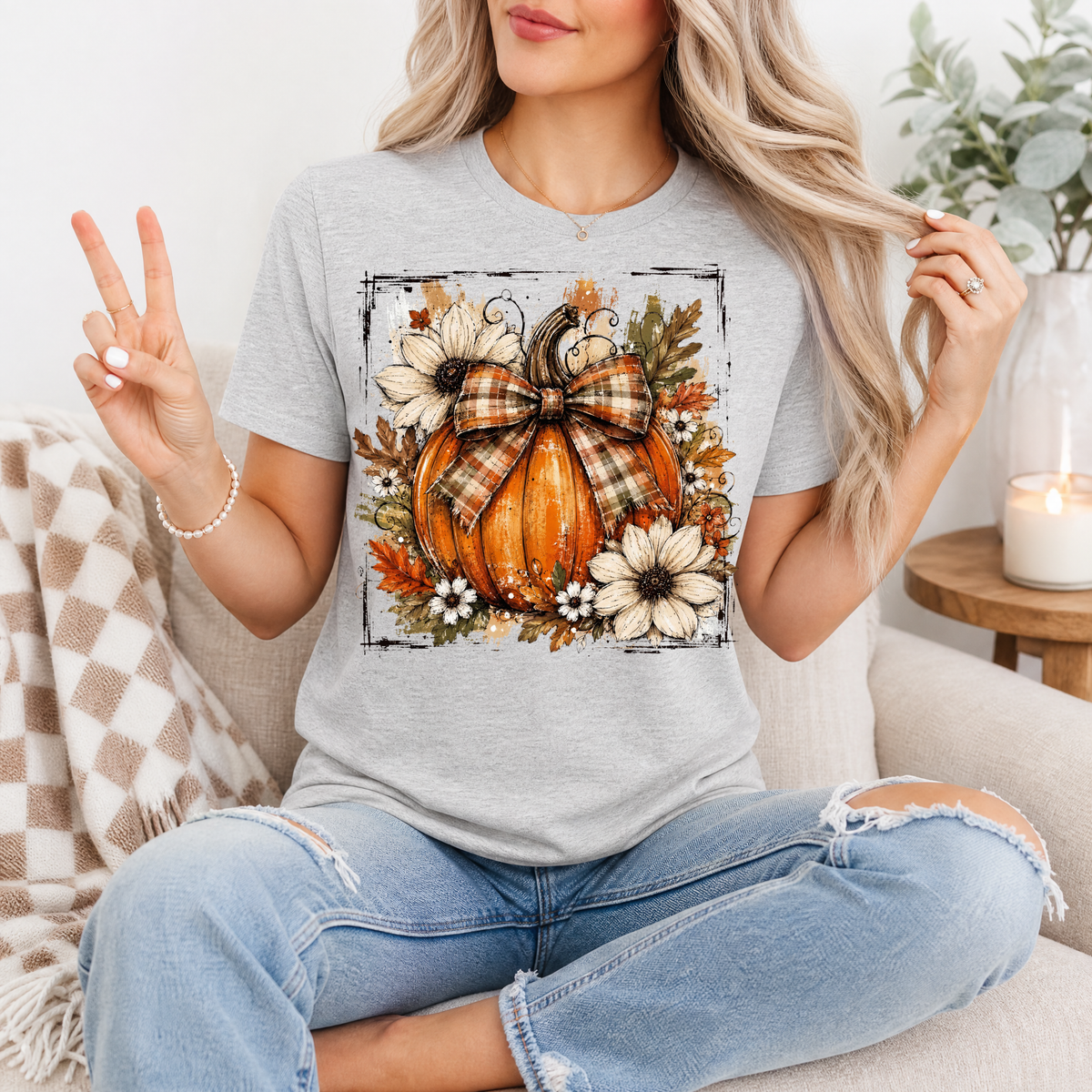 Fall Pumpkin Floral & Plaid Bow Graphic Tee