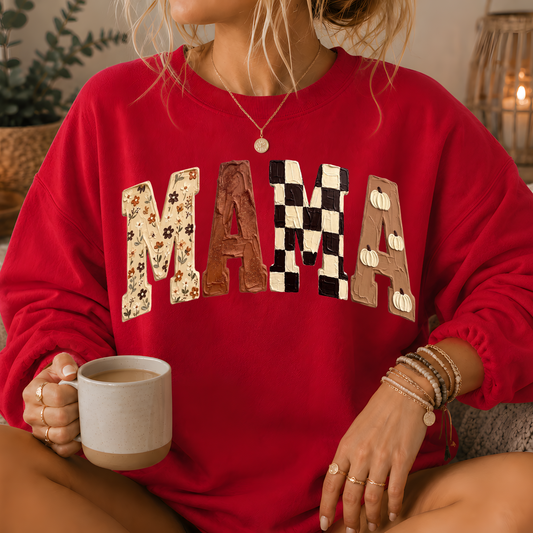 Mama Fall Patchwork Print Crewneck Sweatshirt