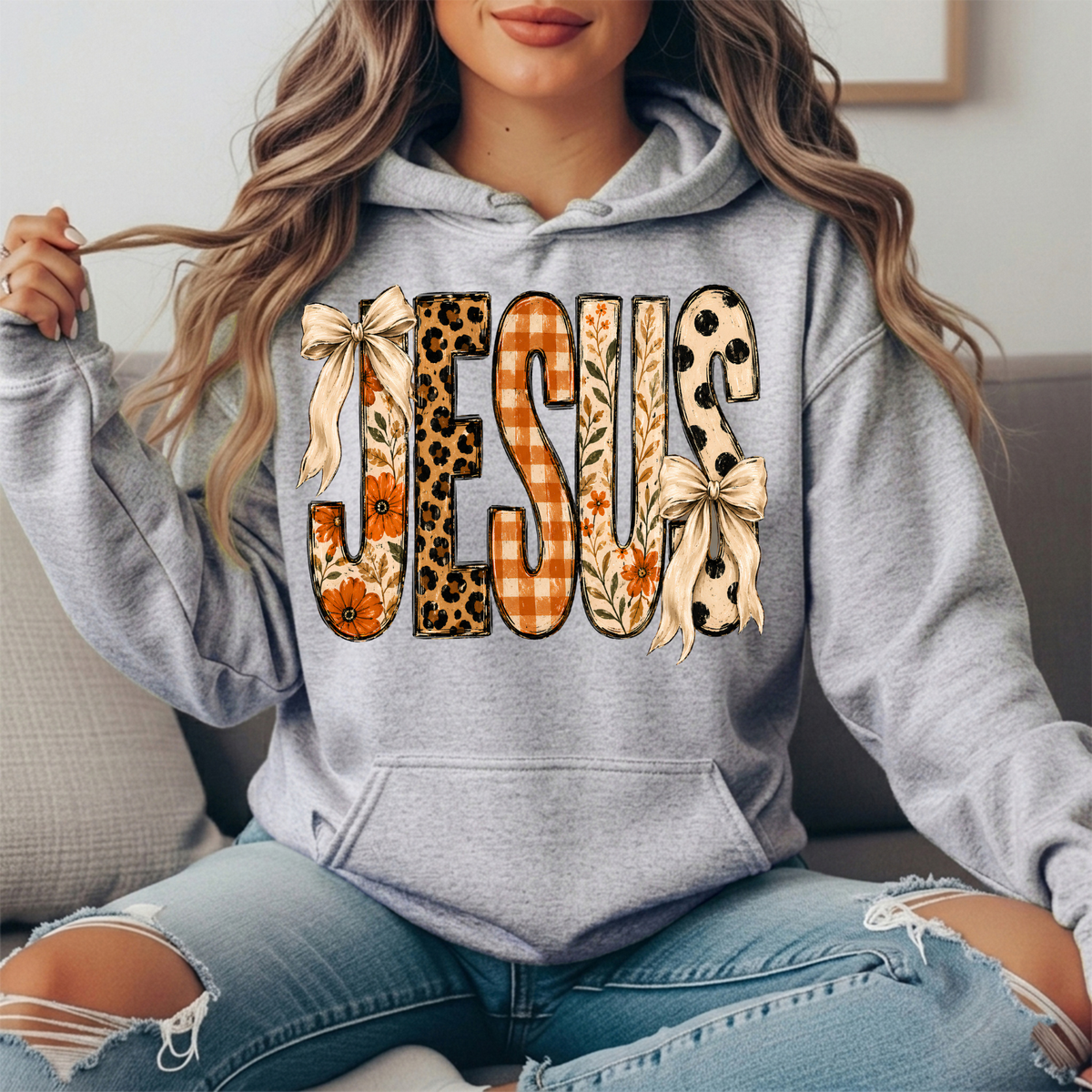 Jesus Patchwork Floral & Bow Graphic Hoodie