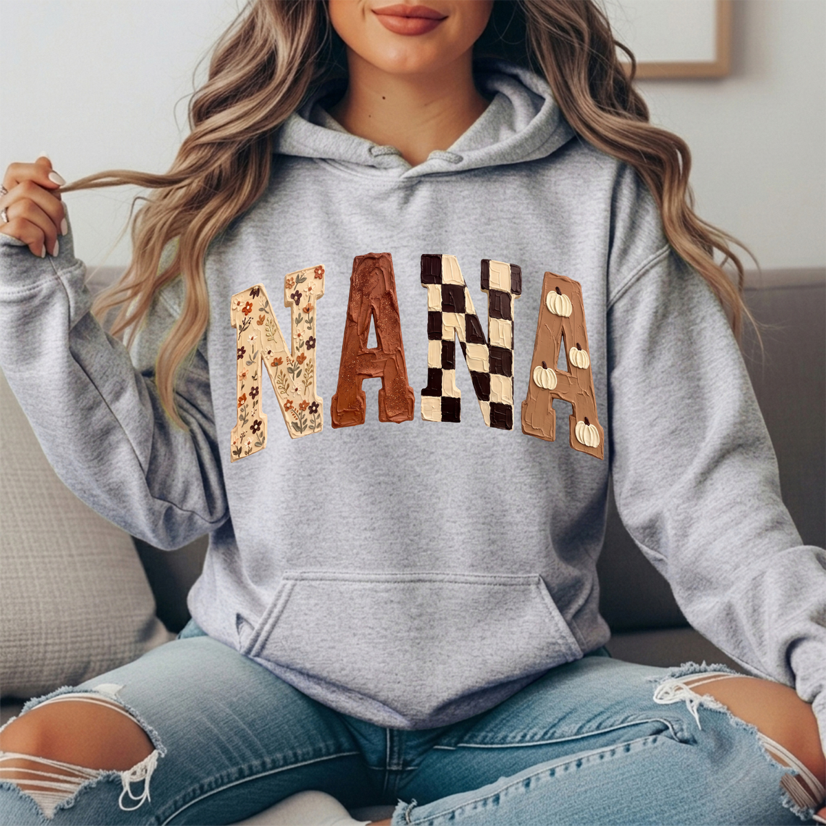 Nana Fall Floral, Checkerboard & Pumpkin Graphic Hoodie