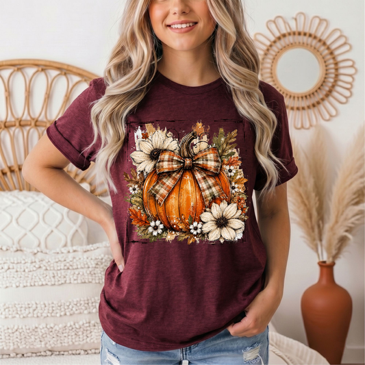 Fall Pumpkin Floral & Plaid Bow Graphic Tee