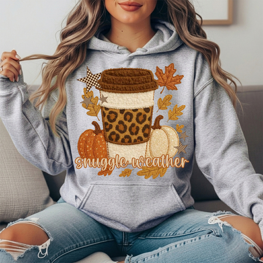 Snuggle Weather Faux Embroidery Coffee Hoodie Sweatshirt