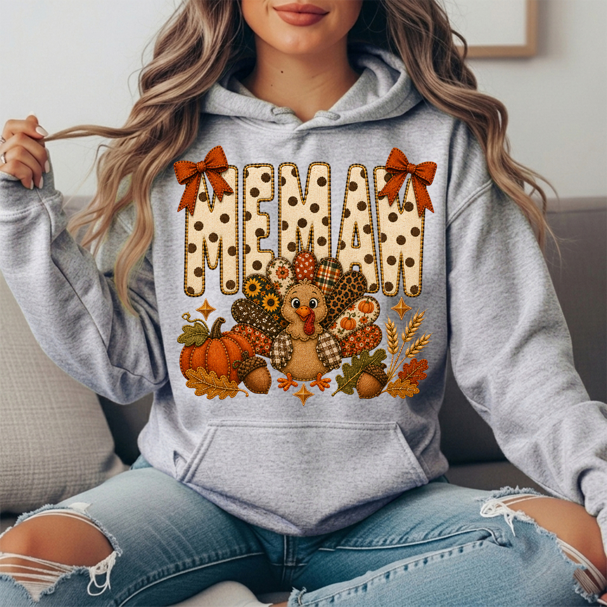 Memaw Thanksgiving Turkey & Rust Bows Graphic Hoodie