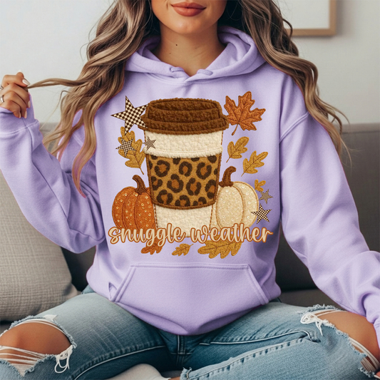 Snuggle Weather Faux Embroidery Coffee Hoodie Sweatshirt