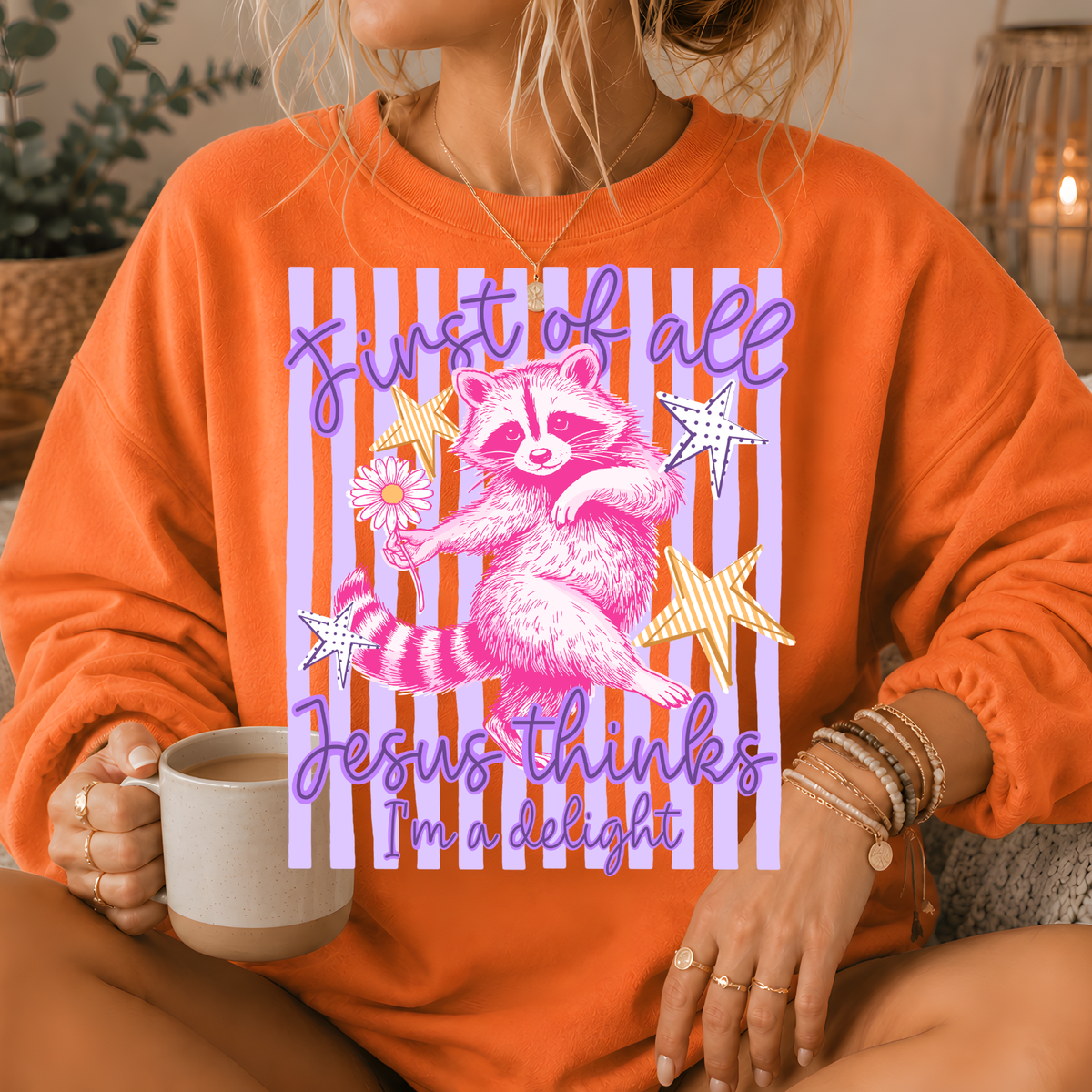 Jesus Thinks I'm a Delight Raccoon Crewneck Sweatshirt