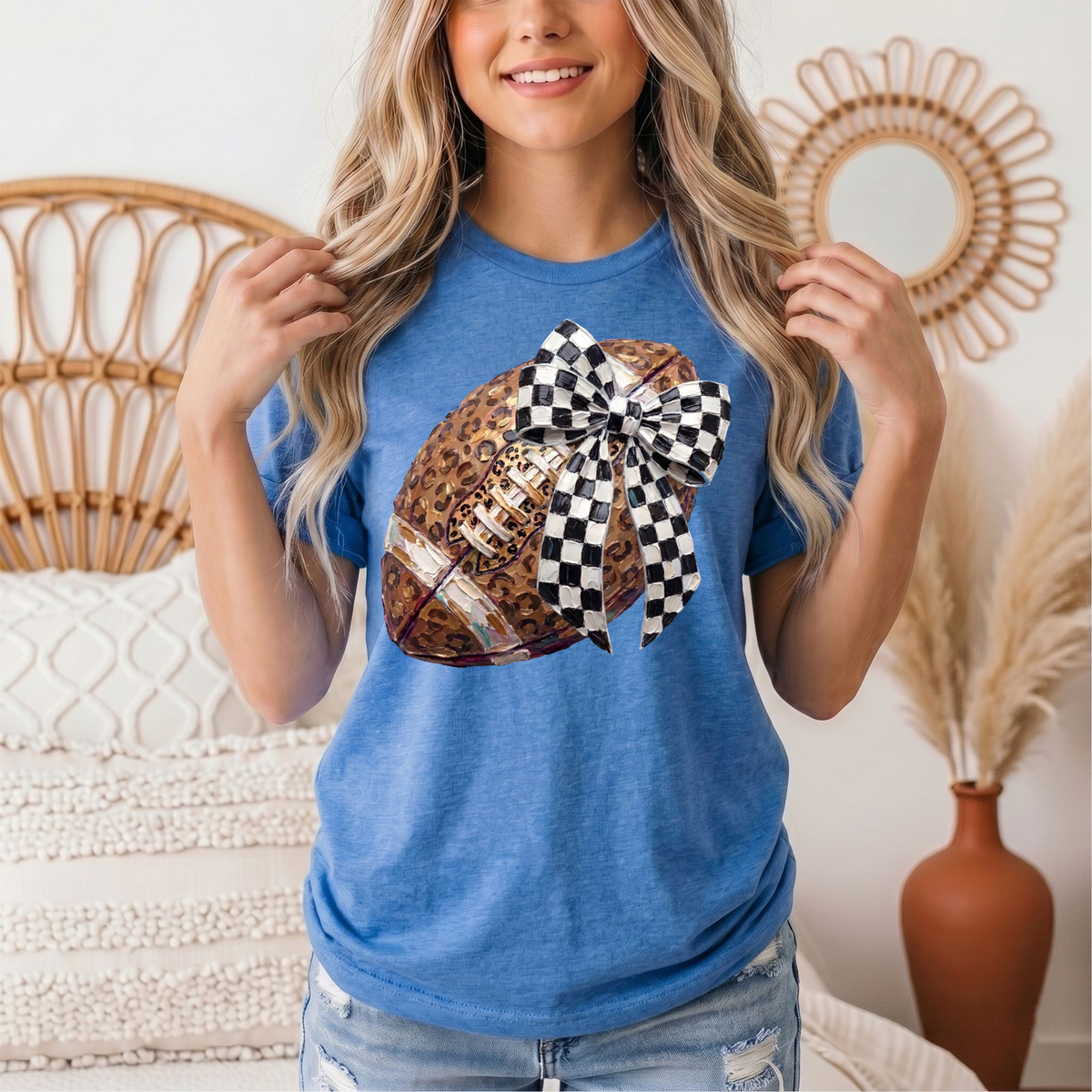 Leopard Football & Checkerboard Bow Graphic Tee