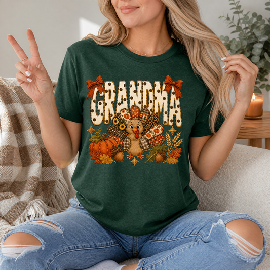 Grandma Thanksgiving Turkey & Bow Graphic Tee