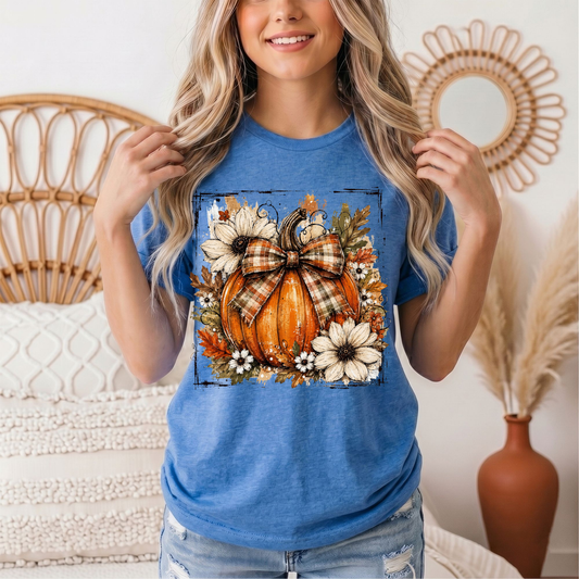 Fall Pumpkin Floral & Plaid Bow Graphic Tee