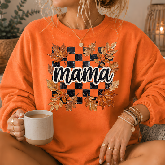 Mama Fall Leaves Checkerboard Crewneck Sweatshirt
