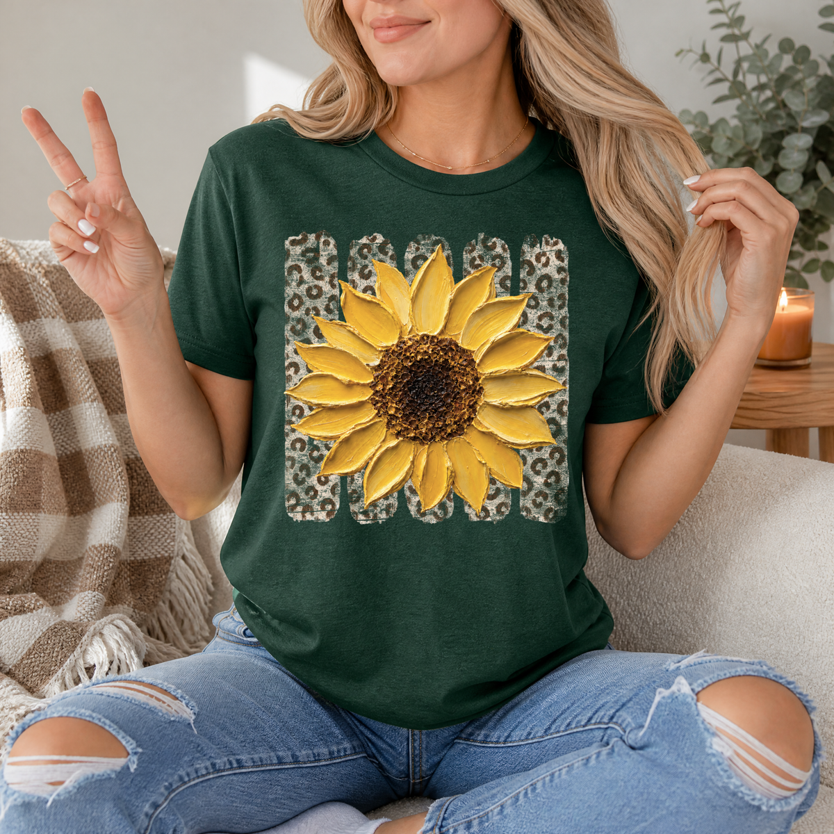 Painted Sunflower & Leopard Print Graphic Tee