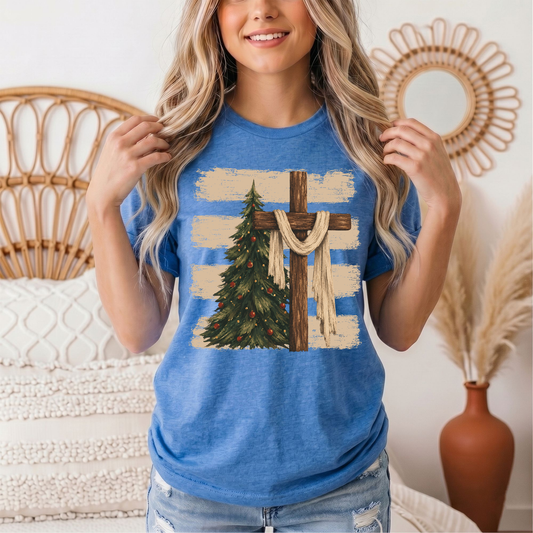 Rustic Cross & Christmas Tree Christian Graphic Tee