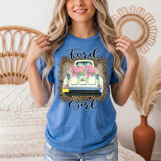 Ford Girl Floral Vintage Truck & Leopard Graphic Tee