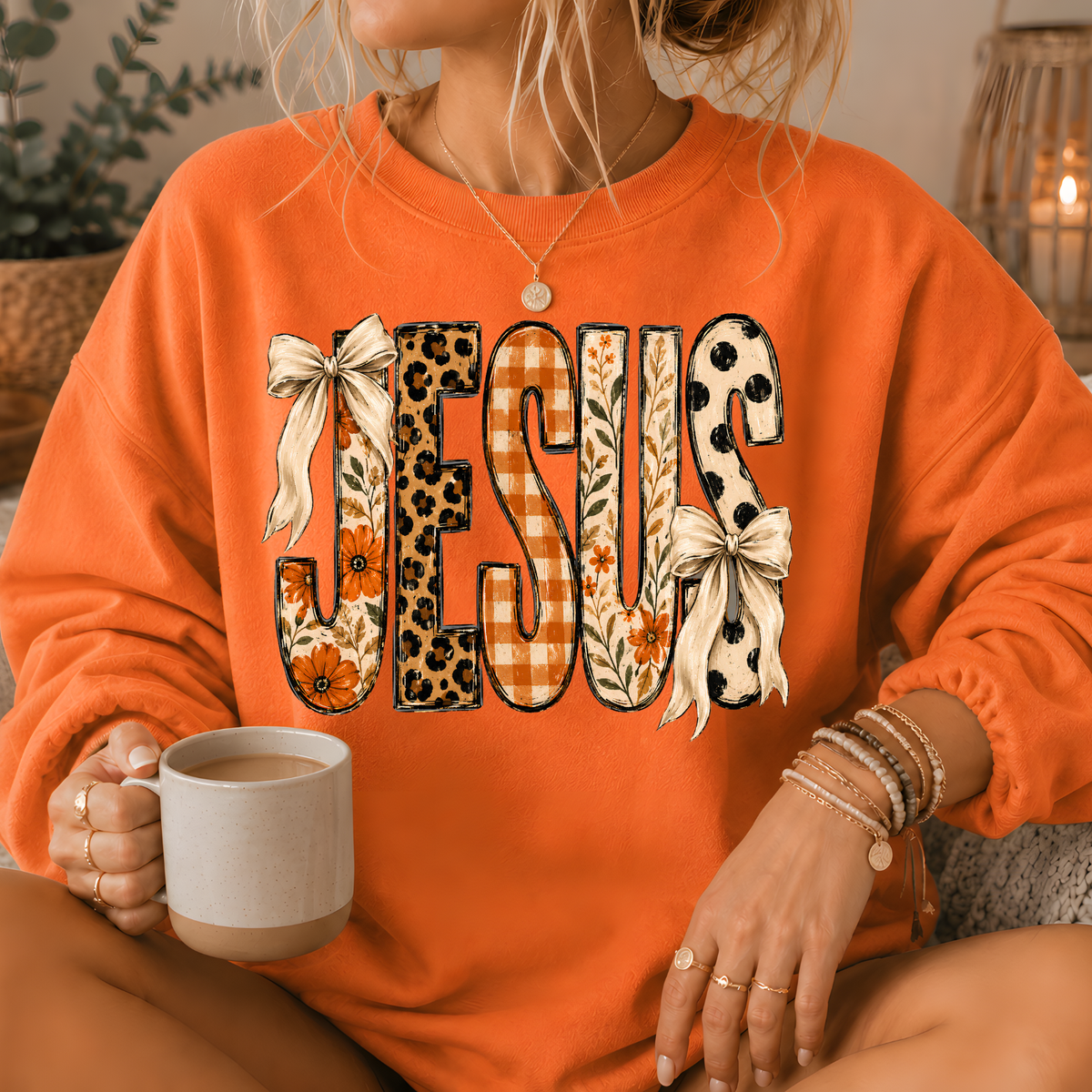 Jesus Mixed Print Bow Crewneck Sweatshirt