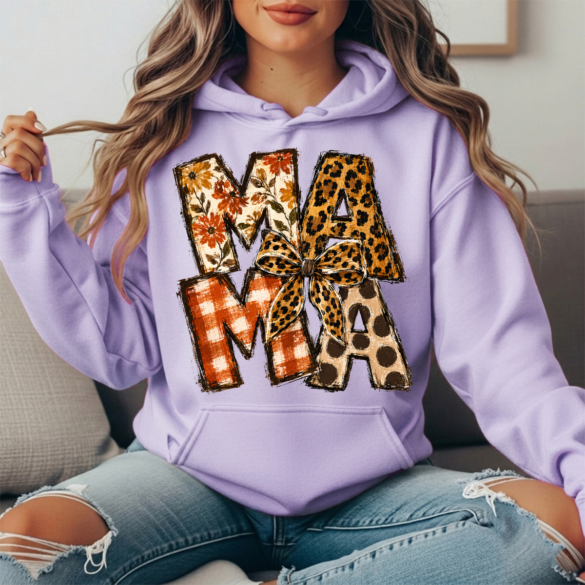 Mama Fall Patchwork & Leopard Bow Graphic Hoodie