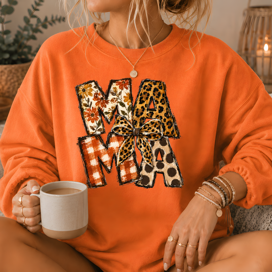 Mama Mixed Print Bow Crewneck Sweatshirt