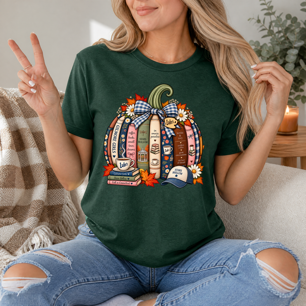 Gilmore Fall Bookish Pumpkin & Gingham Bow Graphic Tee