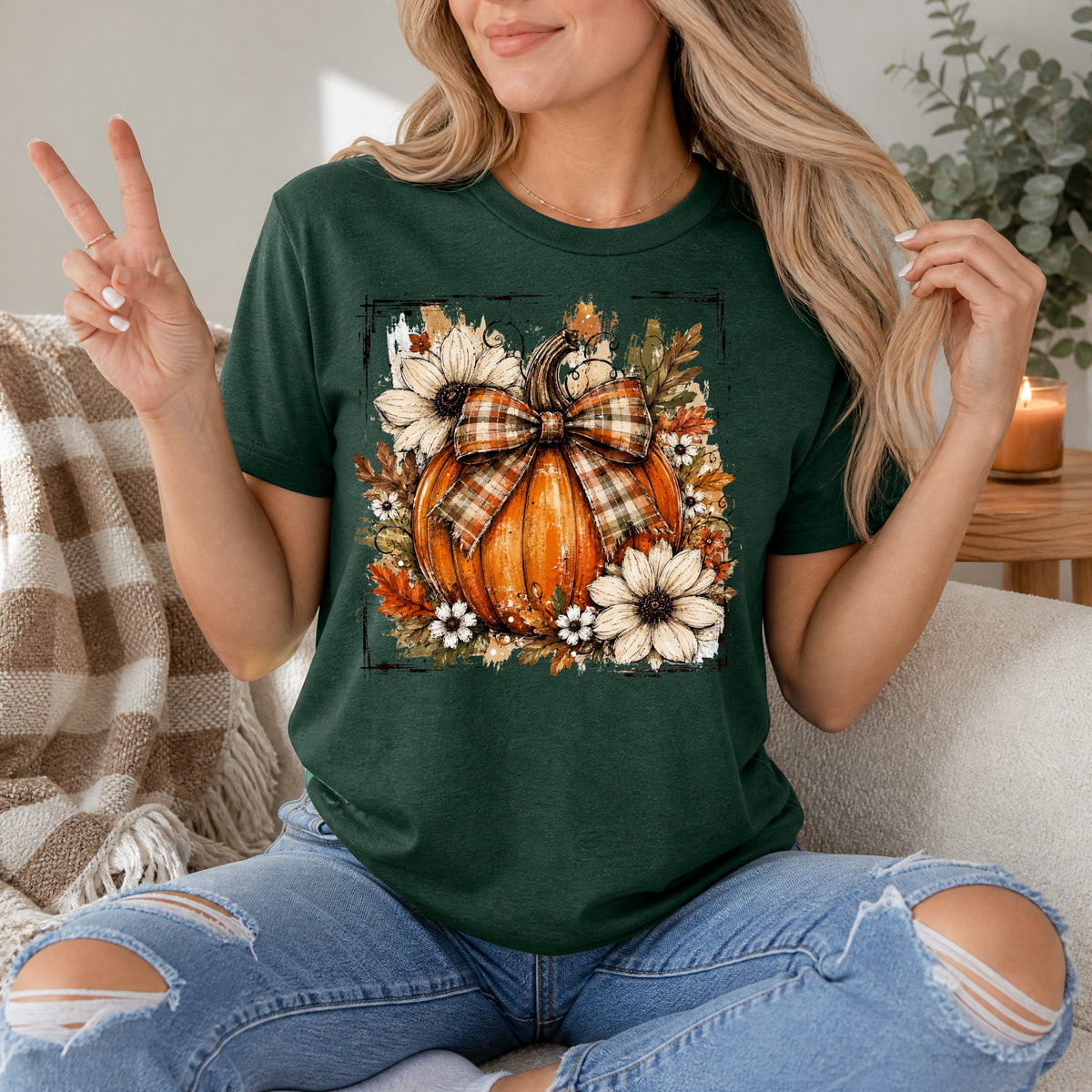 Fall Pumpkin Floral & Plaid Bow Graphic Tee