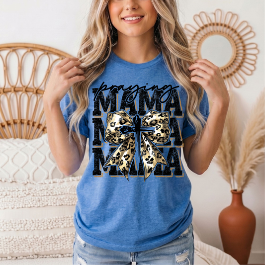 Praying Mama Leopard Bow & Cross Graphic Tee