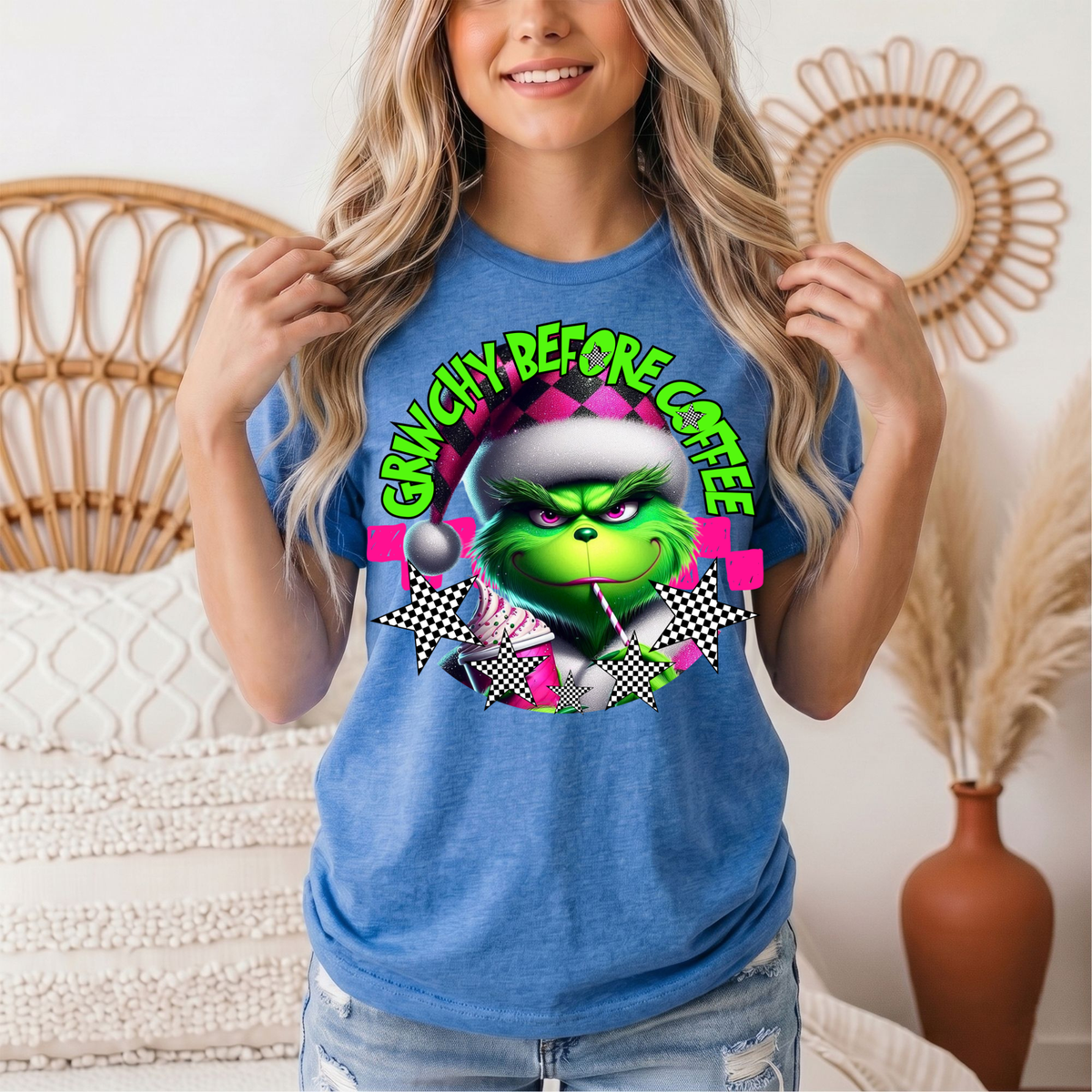 Grinchy Before Coffee Pink Checkerboard Christmas Graphic Tee