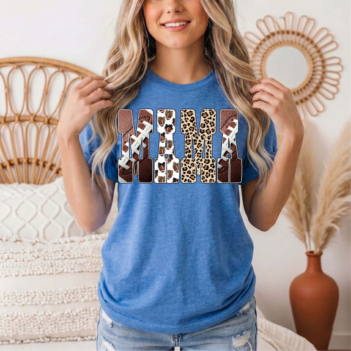 Mama Football & Leopard Mixed Print Graphic Tee