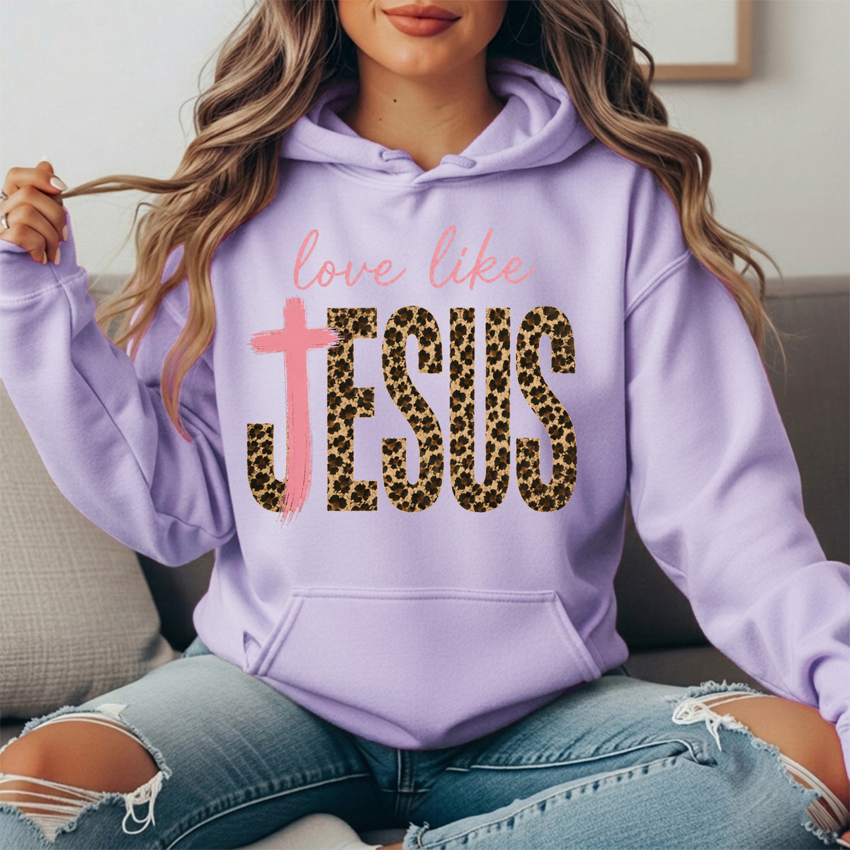 Love Like Jesus Leopard Print Cross Graphic Hoodie