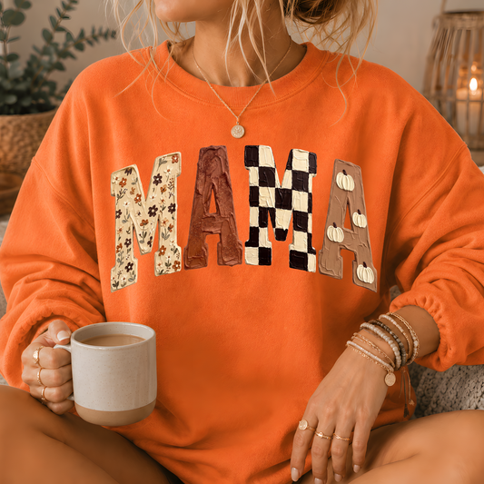 Mama Fall Patchwork Print Crewneck Sweatshirt