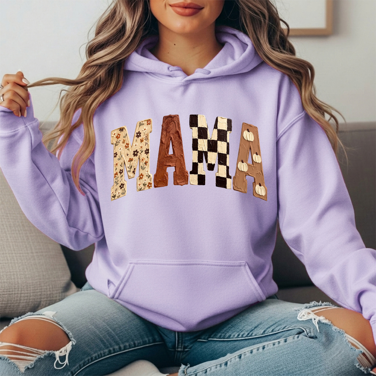 Mama Fall Floral, Checkerboard & Pumpkin Graphic Hoodie